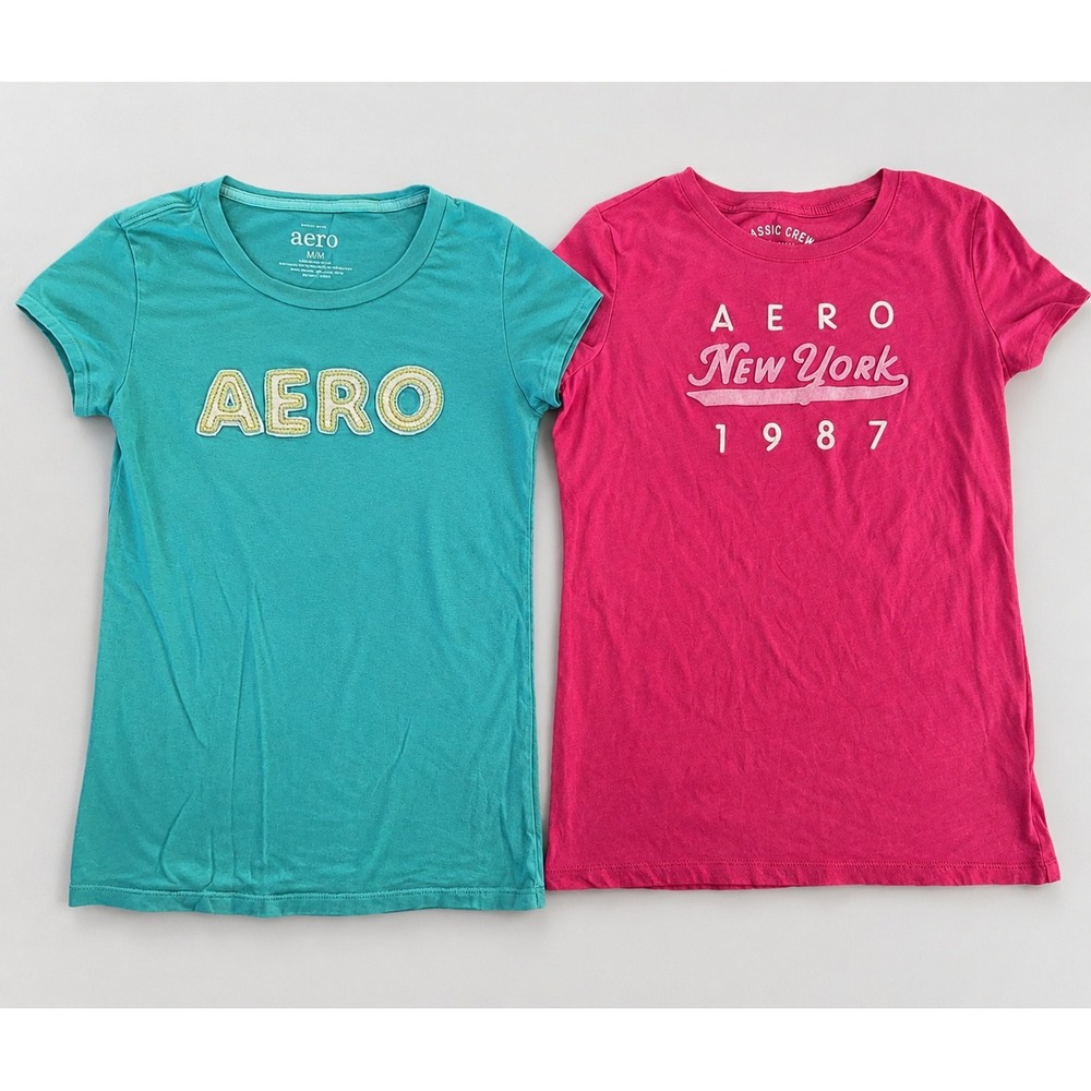 (2) Aeropostale Y2K Baby Tee Womens Blue Pink Medium 2000s Fitted Mall Goth